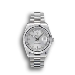 DayDate Stainless Steel Ribbed Bezel Silver Dial Men Watch 41995